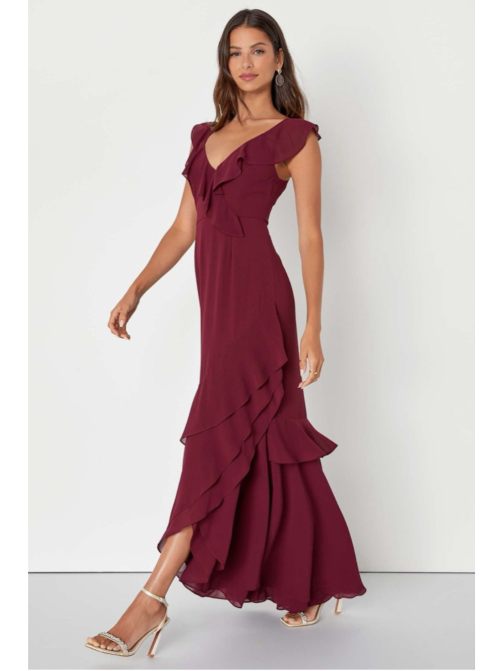 NWT Lulus Charming Event Burgundy Asymmetrical Ruffled Maxi Dress - Picture 3 of 10